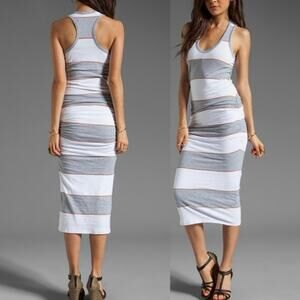 James Perse White and Gray Striped Midi Tank Dress